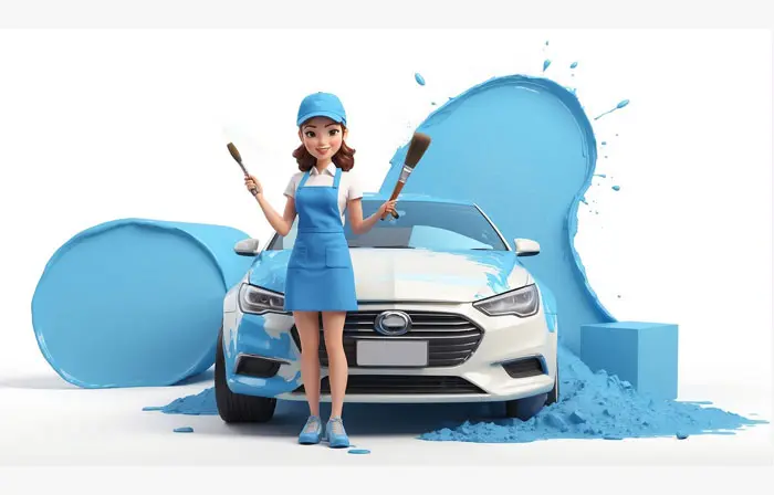 Woman Painting Car Modern 3D Character Illustration